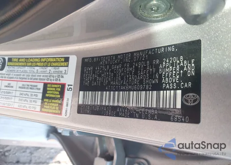 2021 Toyota Camry Le from USA, damaged, VIN 4T1C11AK6MU609782